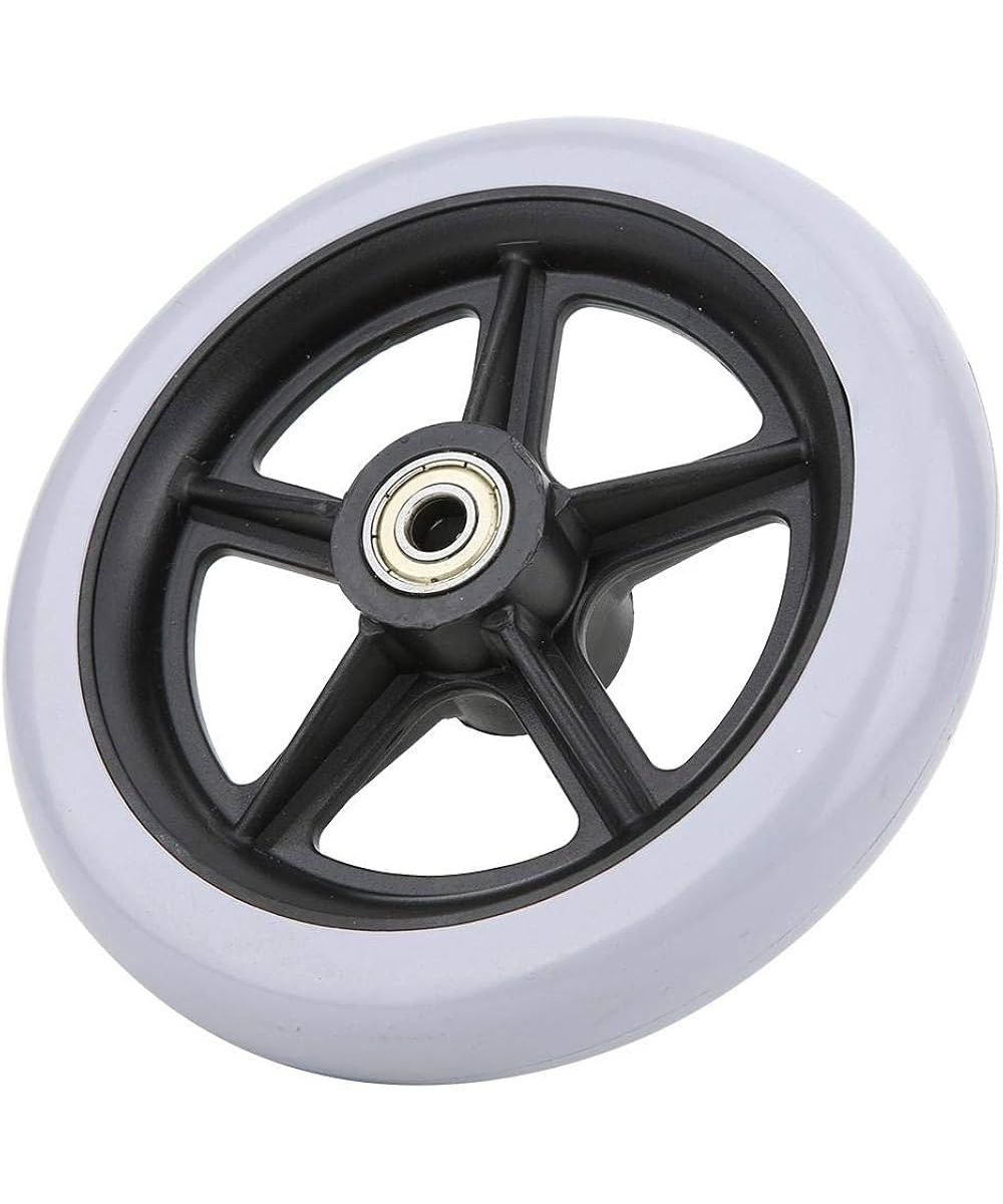 Ruota anteriore da 6 pollici in gomma morbida grigia per carrozzina Breezy, capacità di carico 120 kg, ideale per un comfort superiore e una guida fluida.