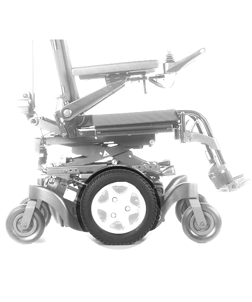 Ruota motrice pneumatica per carrozzina elettrica sunrise Q400M, ideale per una guida sicura e confortevole su qualsiasi tipo di superficie.