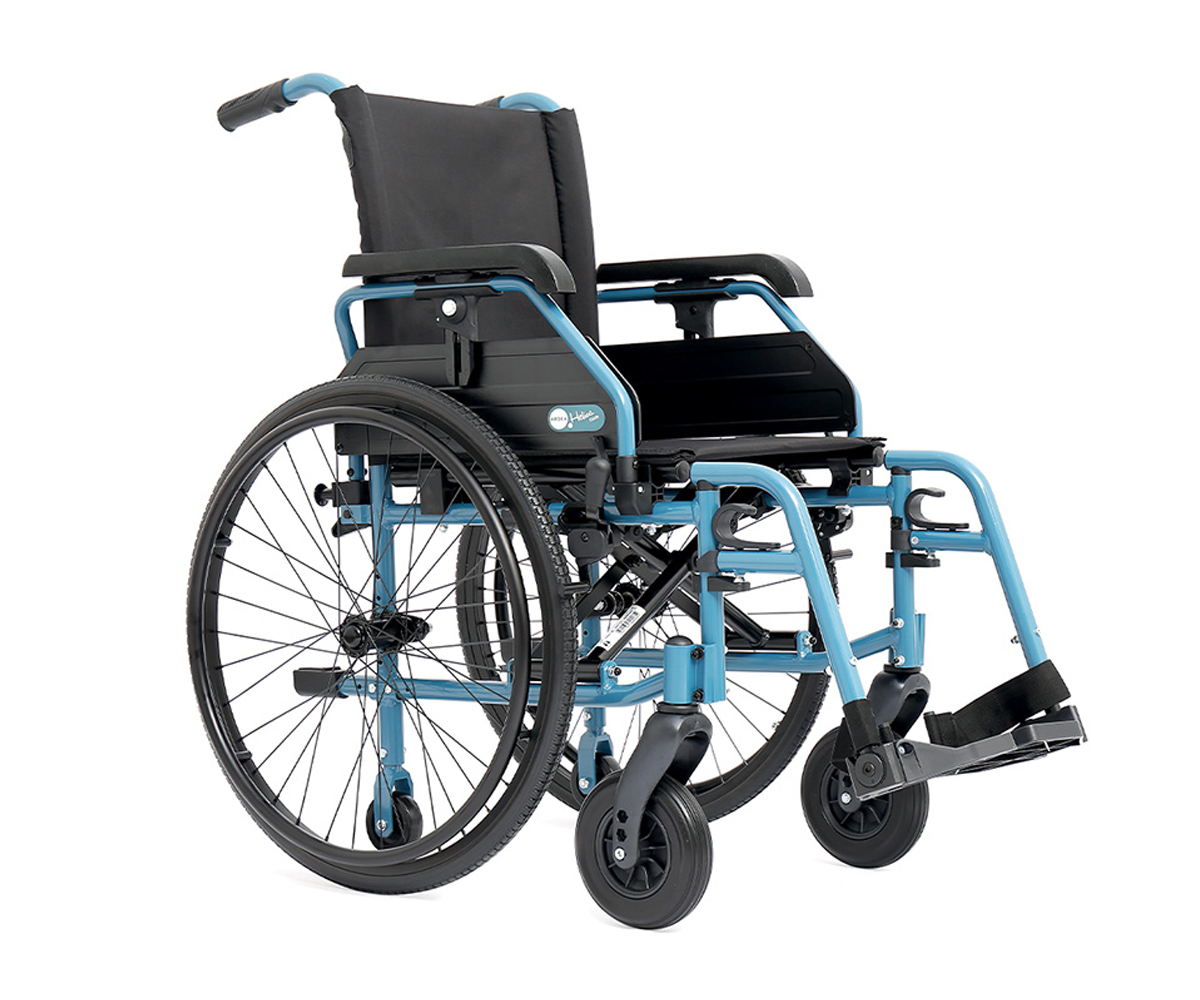 Carrozzina leggera pieghevole Helios Glide azzurra ad autospinta
