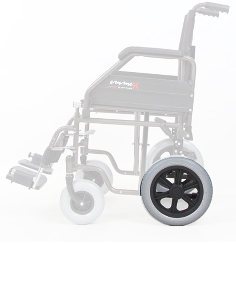 Ruota posteriore in poliuretano grigio da 30 cm per carrozzine da transito EMMEK, ideale per uso professionale in strutture mediche e riabilitative.