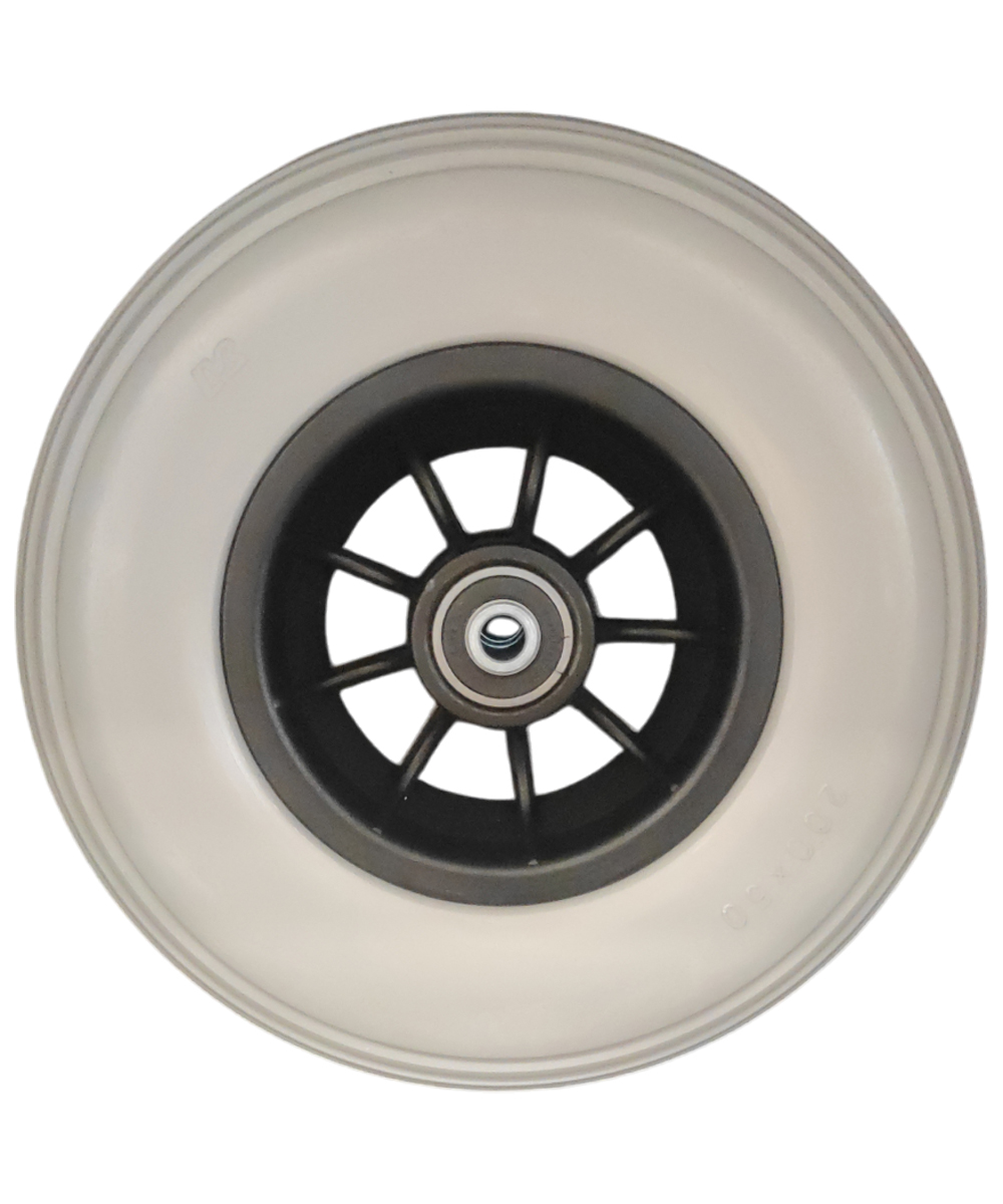 Ruota anteriore in poliuretano senza camera d'aria, misura 200x50 mm, con cuscinetti a sfera, ideale per carrozzine da esterno.