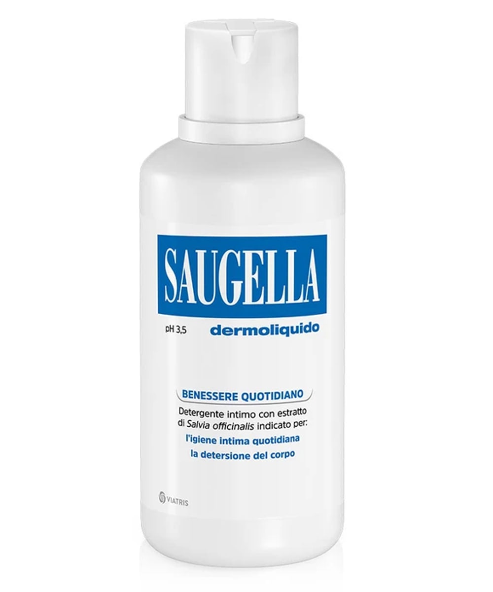 Flacone da 500 ml di Saugella Dermoliquido Intimo con estratto di salvia officinalis, ideale per l’igiene quotidiana femminile.