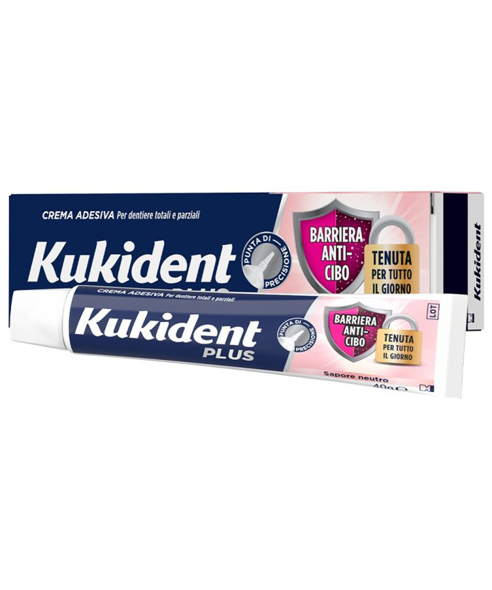 Tubo di Kukident Ultimate Sapore Neutro, pasta adesiva per dentiere con lunga tenuta, barriera antinfiltrazione e beccuccio sottile.