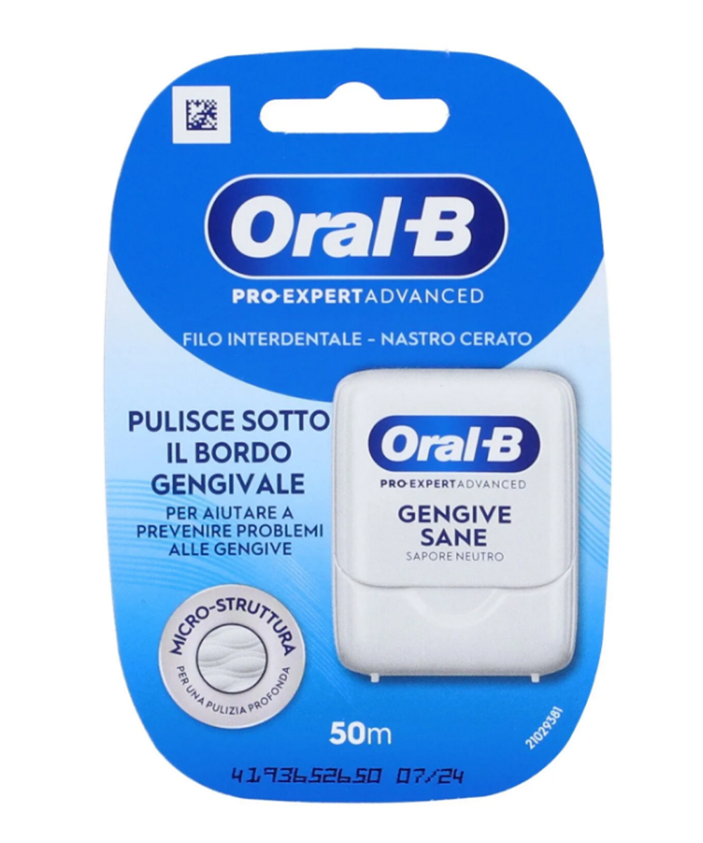 Filo interdentale Oral-B Pro-Expert da 50 metri per la rimozione della placca e la cura quotidiana delle gengive sensibili.