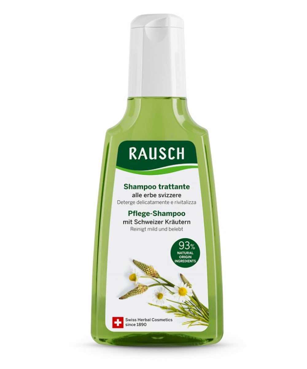 Flacone di Rausch Shampoo Trattante alle erbe svizzere da 200 ml per capelli normali, formula vegana senza siliconi con estratti naturali.