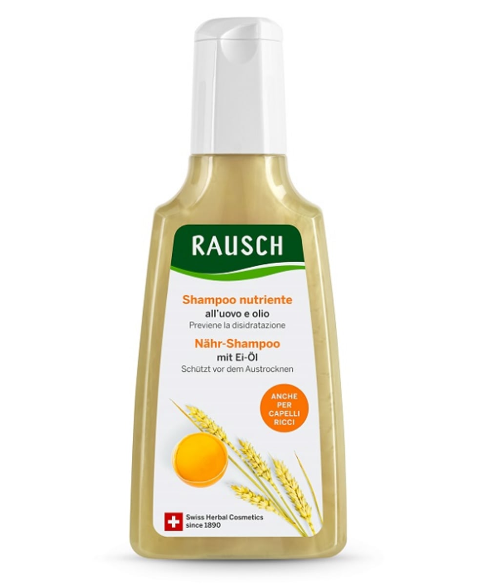 Rausch Shampoo Nutriente all’uovo e olio 200 ml, ideale per capelli secchi e ricci, con ingredienti naturali e senza siliconi.