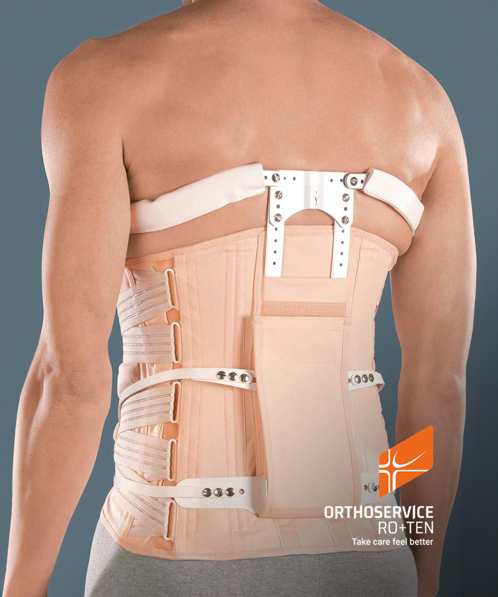 Crocera modulare a prese iliache tipo MZ con telaio in lega leggera e busto SAT semirigido. Ideale per gravi patologie dorso-lombari, con regolazioni personalizzate.