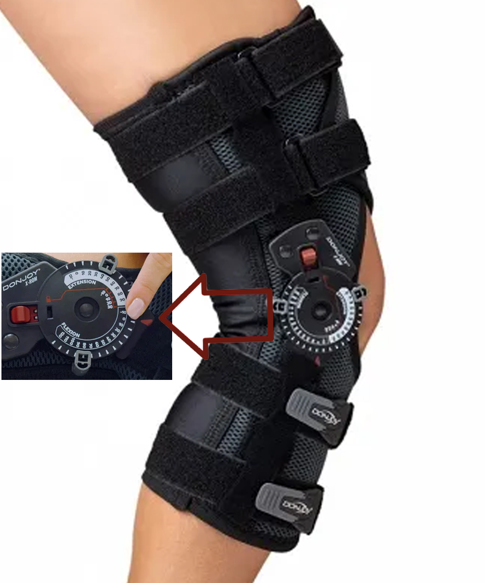 Ginocchiera Playmaker II X-ROM Donjoy con tessuto Hi10™ e snodo regolabile per stabilità e comfort, ideale per supporto legamentoso e uso sportivo.