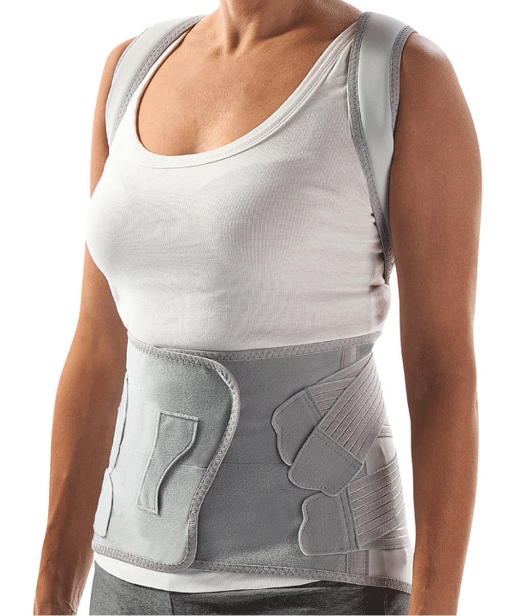 Immagine del corsetto dorso-lombare DonJoy Dorsostrap 55, tutore semirigido con stecche dorsali e spallacci per sostegno della schiena e postura corretta.