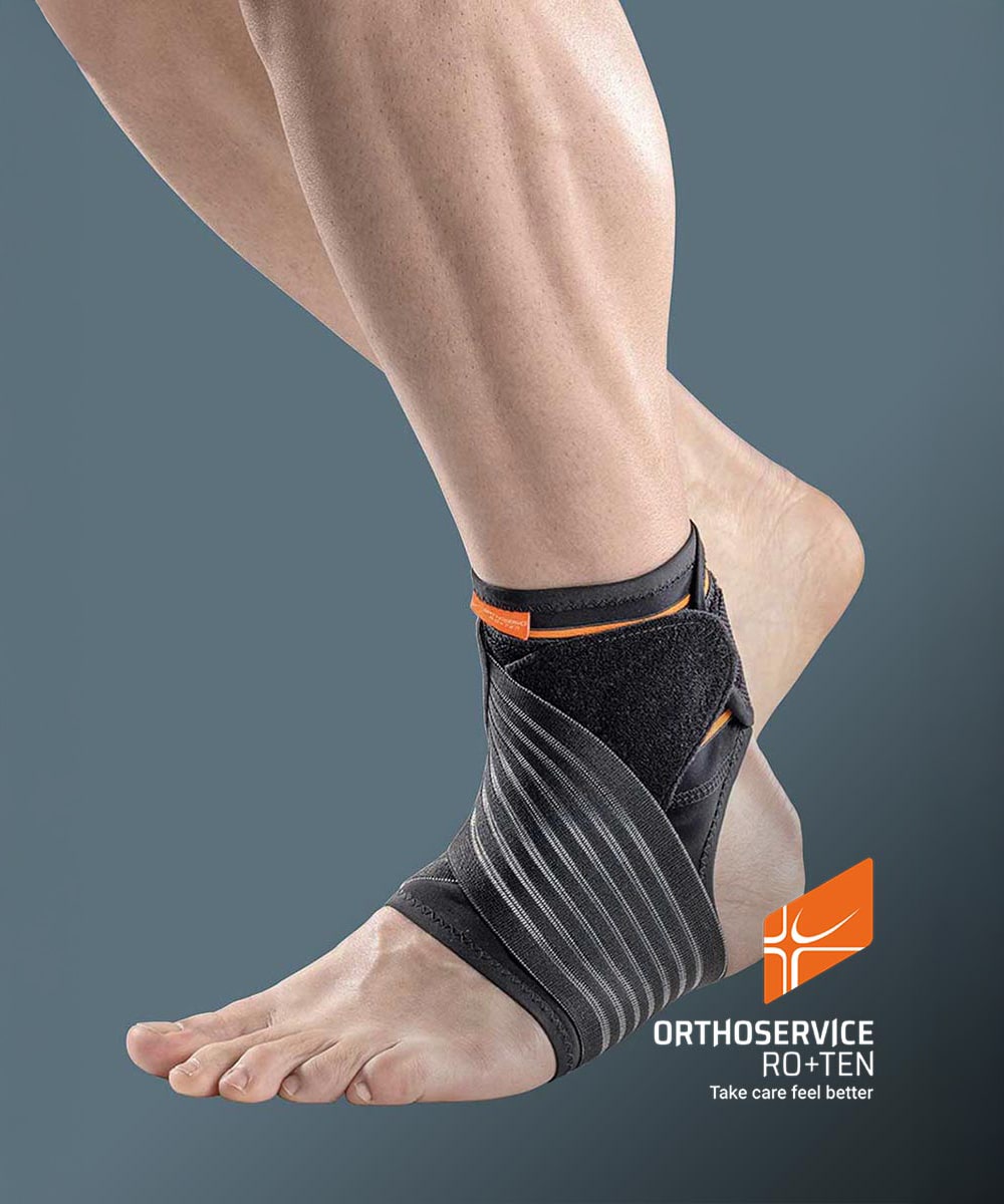 cavigliera Malleolite RO+TEN PR4-33080 in tessuto tecnico con tiranti elastici incrociati e chiusura a Velcro, indicata per distorsioni e dolori articolari.