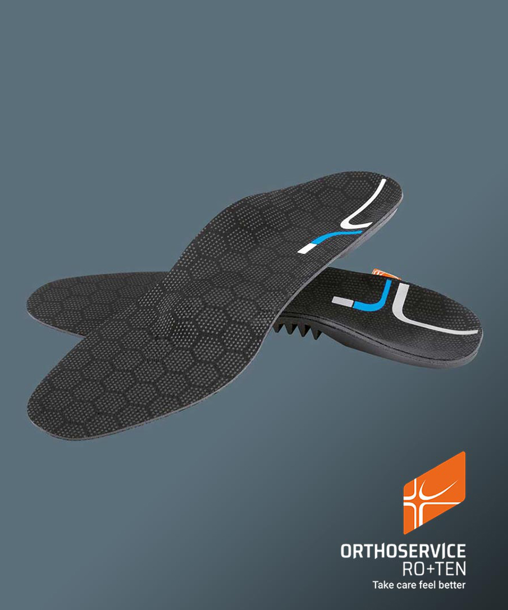 Plantare Podifer50 con strati ammortizzanti e goccia di scarico metatarsale, studiato per ridurre l’impatto sul piede e sostenere la corretta postura.