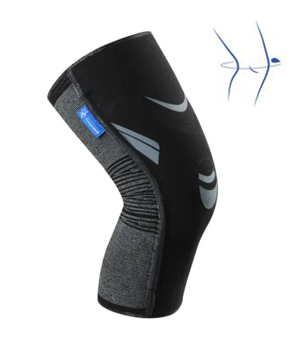 Ginocchiera rotulea GenuPro Comfort con inserto modellabile, maglia traspirante e supporto laterale per la stabilità dell’articolazione del ginocchio.