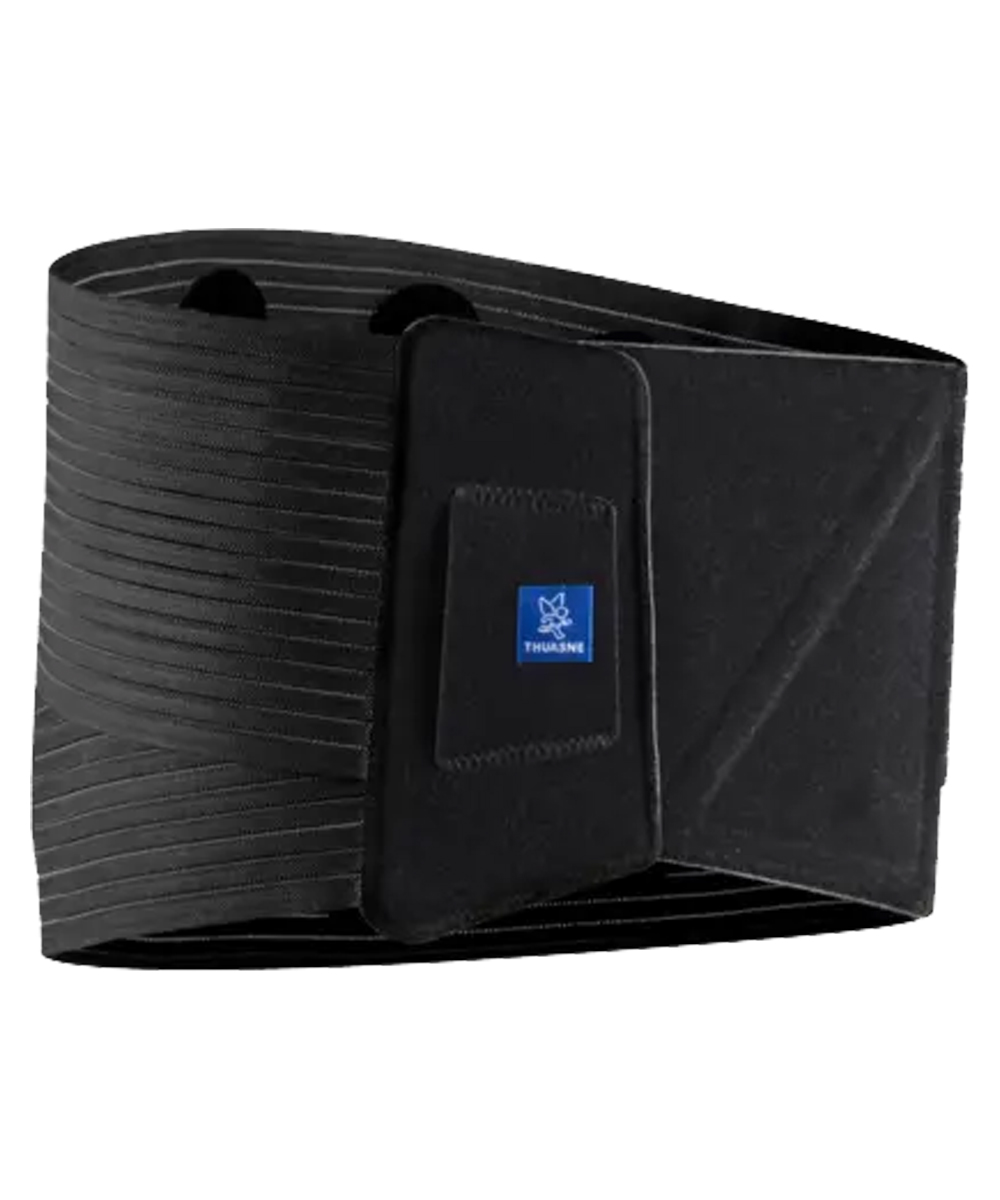 Cintura di sostegno lombare LOMBAFIRST, realizzata in tessuto elastico con stecche dorsali modellabili, ideale per alleviare i dolori lombari.