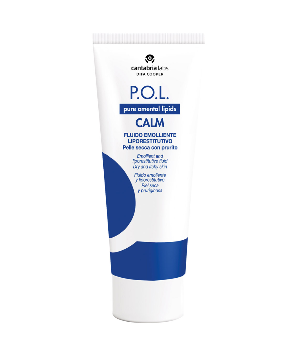 Fluido emolliente e protettivo P.O.L. Calm 200 ml, formulato per ridurre prurito e secchezza cutanea con un’azione idratante rapida.
