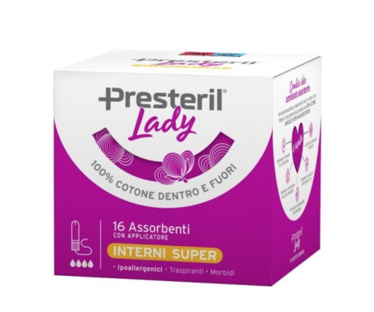 Assorbenti interni Presteril Lady Super in cotone 100% confezione da 16 pezzi