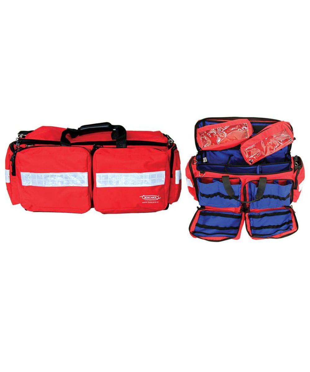 borsa emergenza rossa vuota con scomparti modulari e tasche esterne