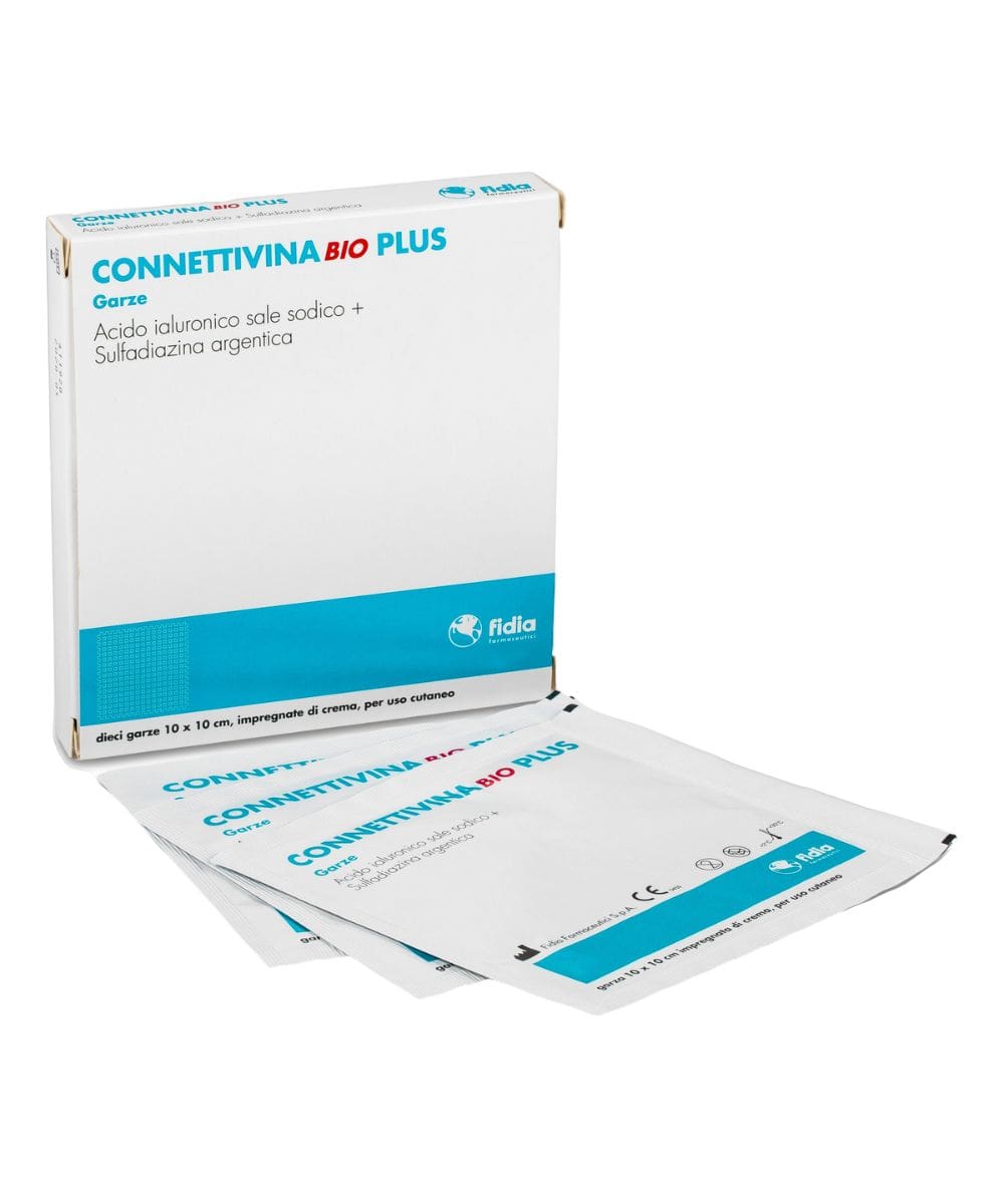 Garze Connettivina Bio Plus 10x10 cm impregnate con crema cicatrizzante – confezione da 10 pezzi
