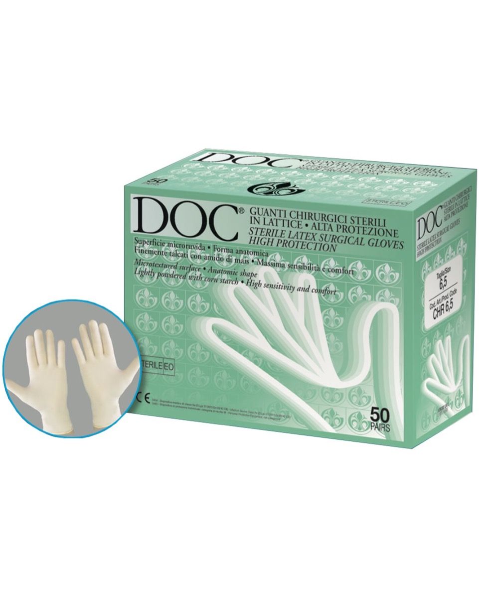 Guanto chirurgico sterile in lattice con superficie microruvida, forma anatomica e talcatura per massimo comfort e sensibilità.